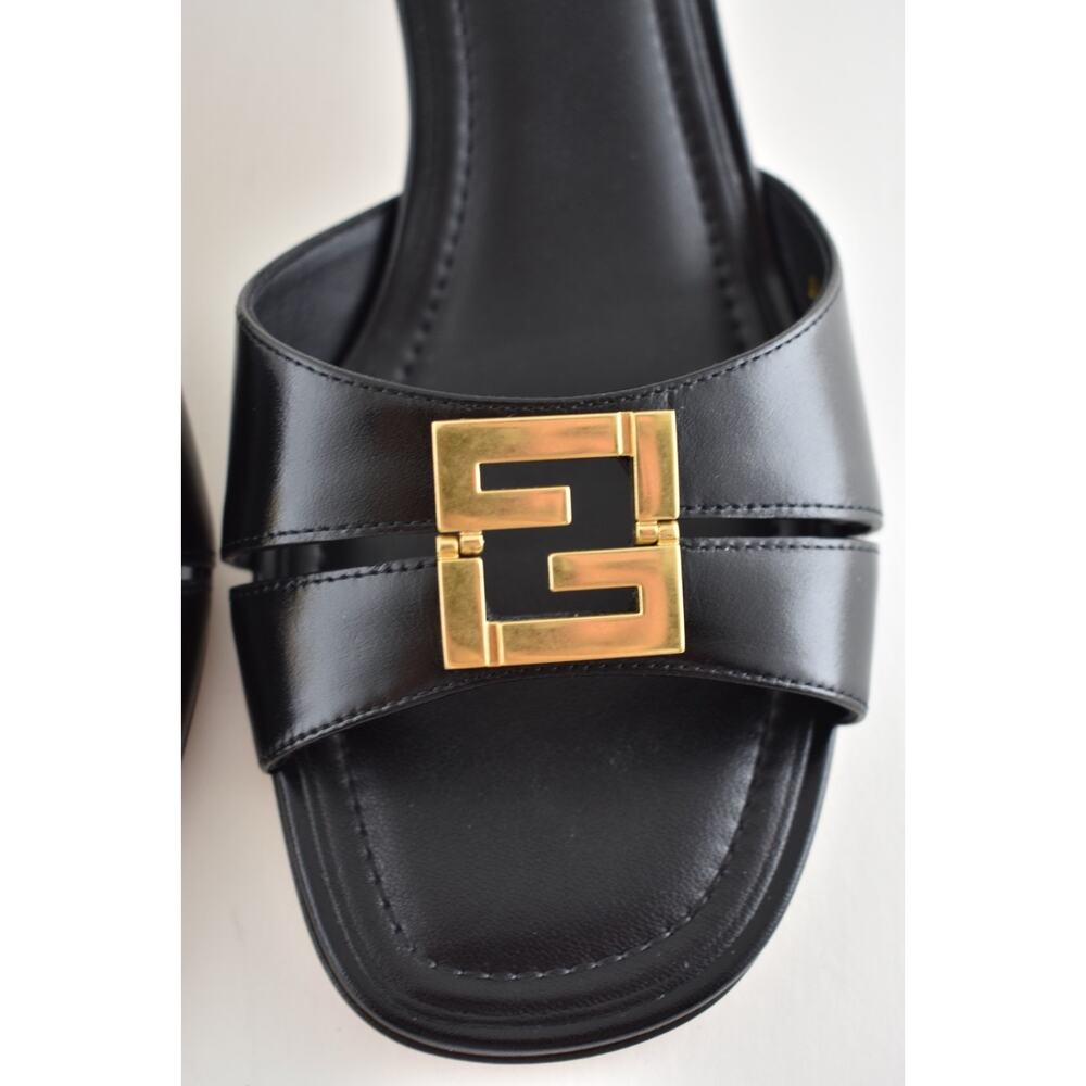 Fendi Fold Slide Black Leather Gold FF Logo Mule Kitten Heel Pump Sandals 37.5 - Picture 11 of 16